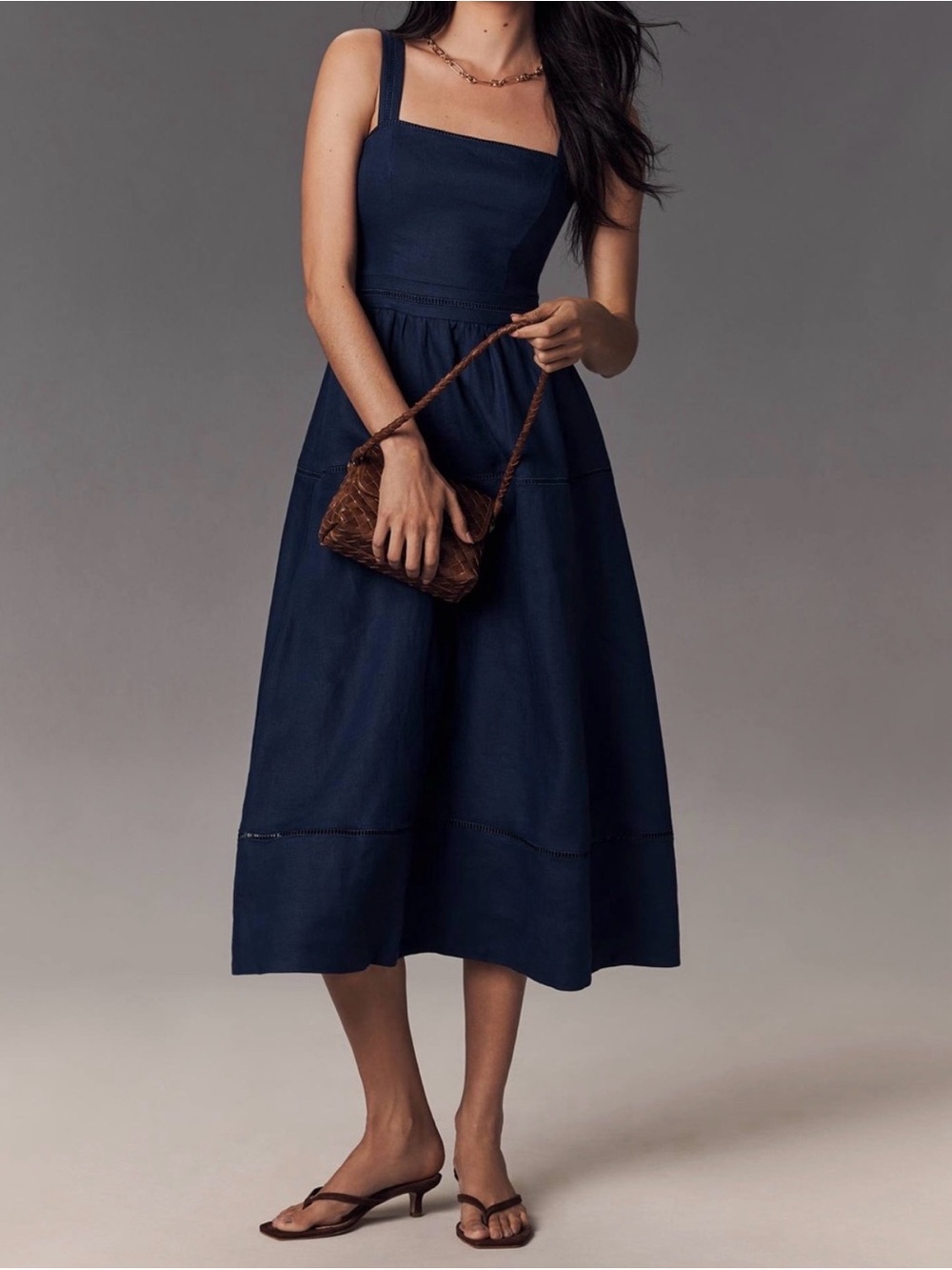 NWT Reformation Everett Linen dress 10, Navy Square Neck Sundress with Pockets - Picture 3 of 9